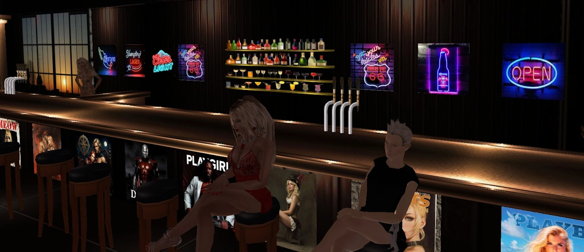 Two female avatars sitting at the bar in Red Light Center