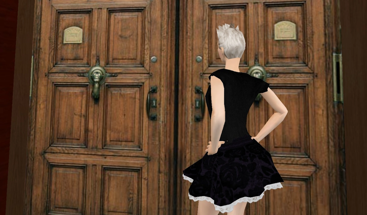 Female avatar standing in front of the door of her piovate ZABY property